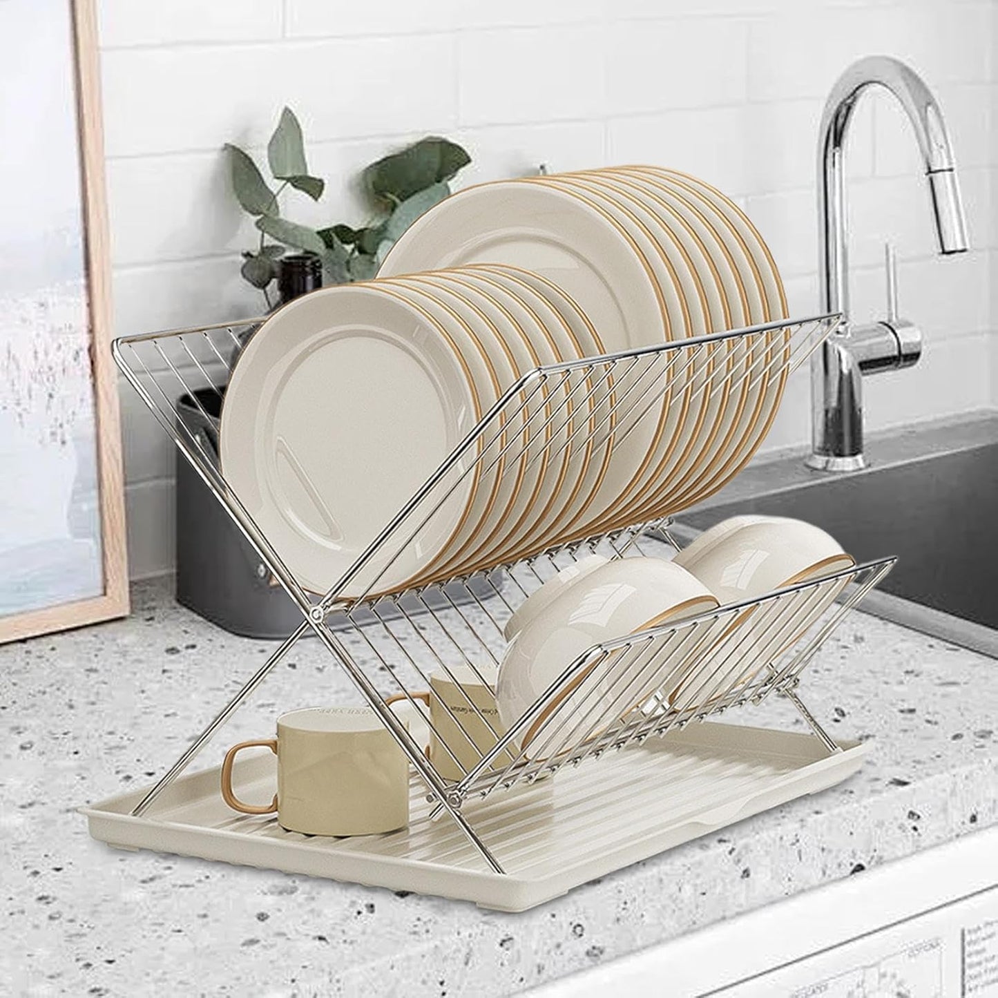 Foldable dish drainer – 2-tier kitchen drying rack with removable tray – Kelvra
