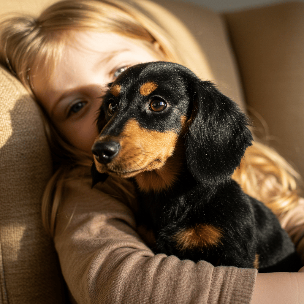 Fair-haired child on a beige sofa hugging a black-and-tan plush dachshund close, the toy's face turned toward the camera. 6