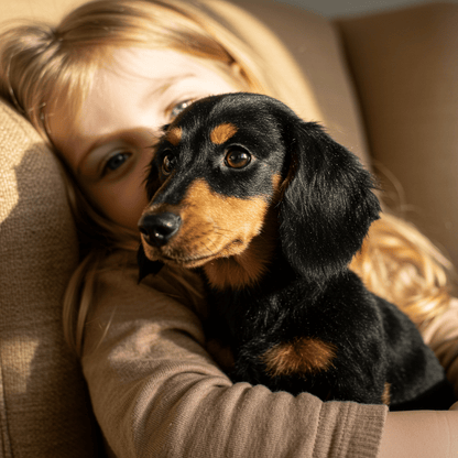 Fair-haired child on a beige sofa hugging a black-and-tan plush dachshund close, the toy's face turned toward the camera. 6