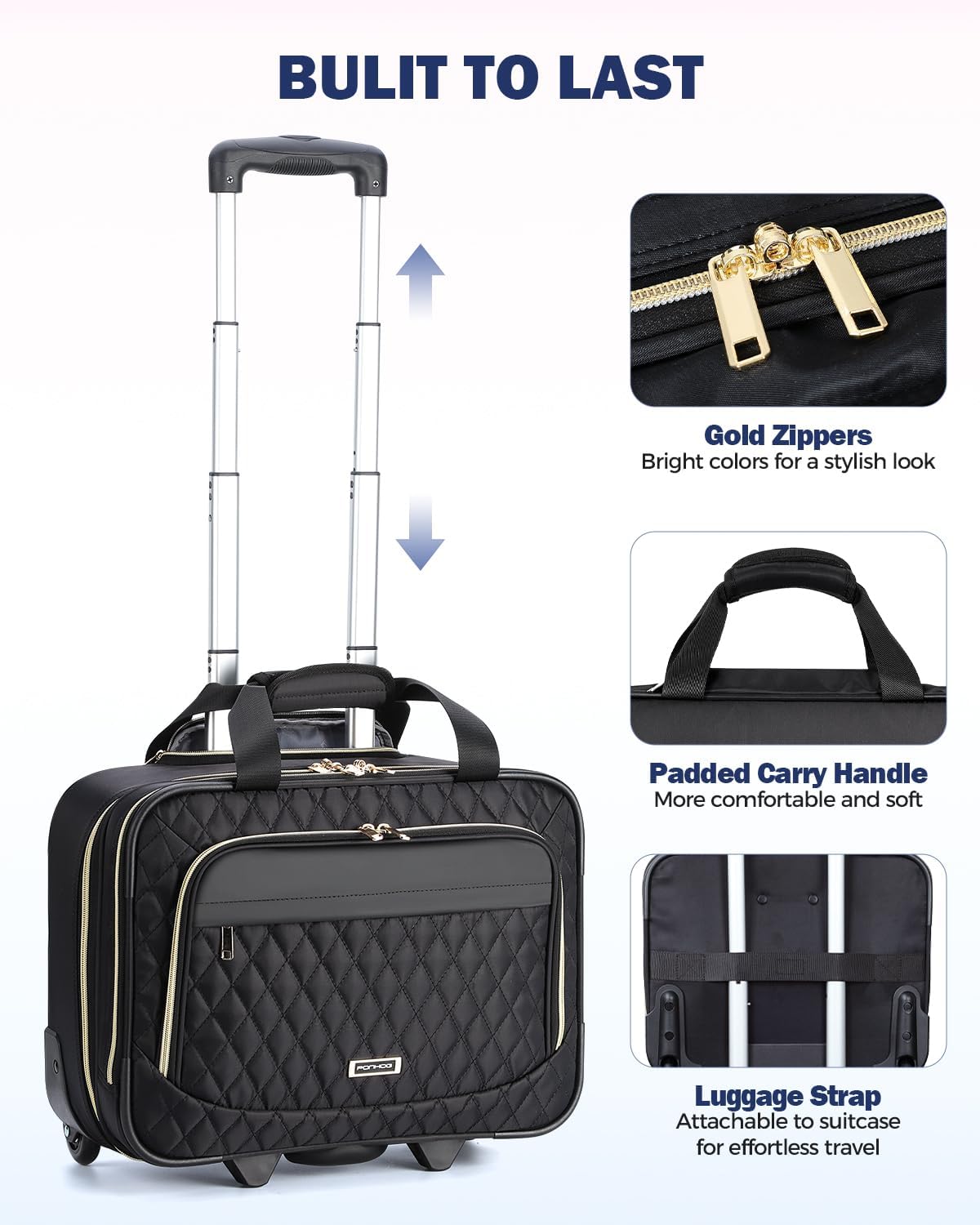 15.6" rolling suitcase for a laptop with multiple compartments and airline-approved dimensions
