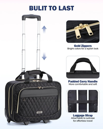15.6" rolling suitcase for a laptop with multiple compartments and airline-approved dimensions