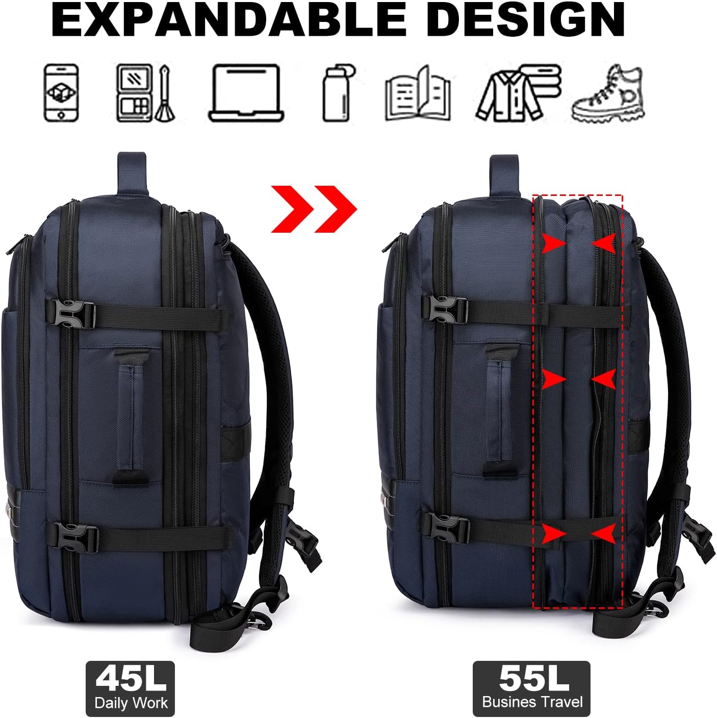Expandable 45–55 L waterproof travel backpack with 46.5 cm laptop compartment