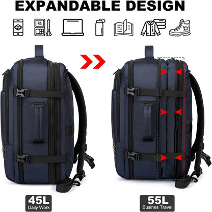 Expandable 45–55 L waterproof travel backpack with 46.5 cm laptop compartment