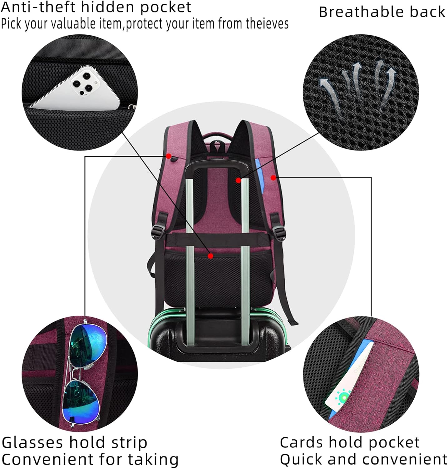 Waterproof travel laptop backpack with USB port and organised storage