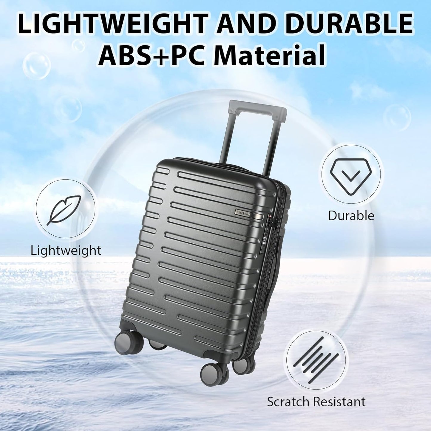 Extendable hard-shell suitcase with spinner wheels and TSA lock.