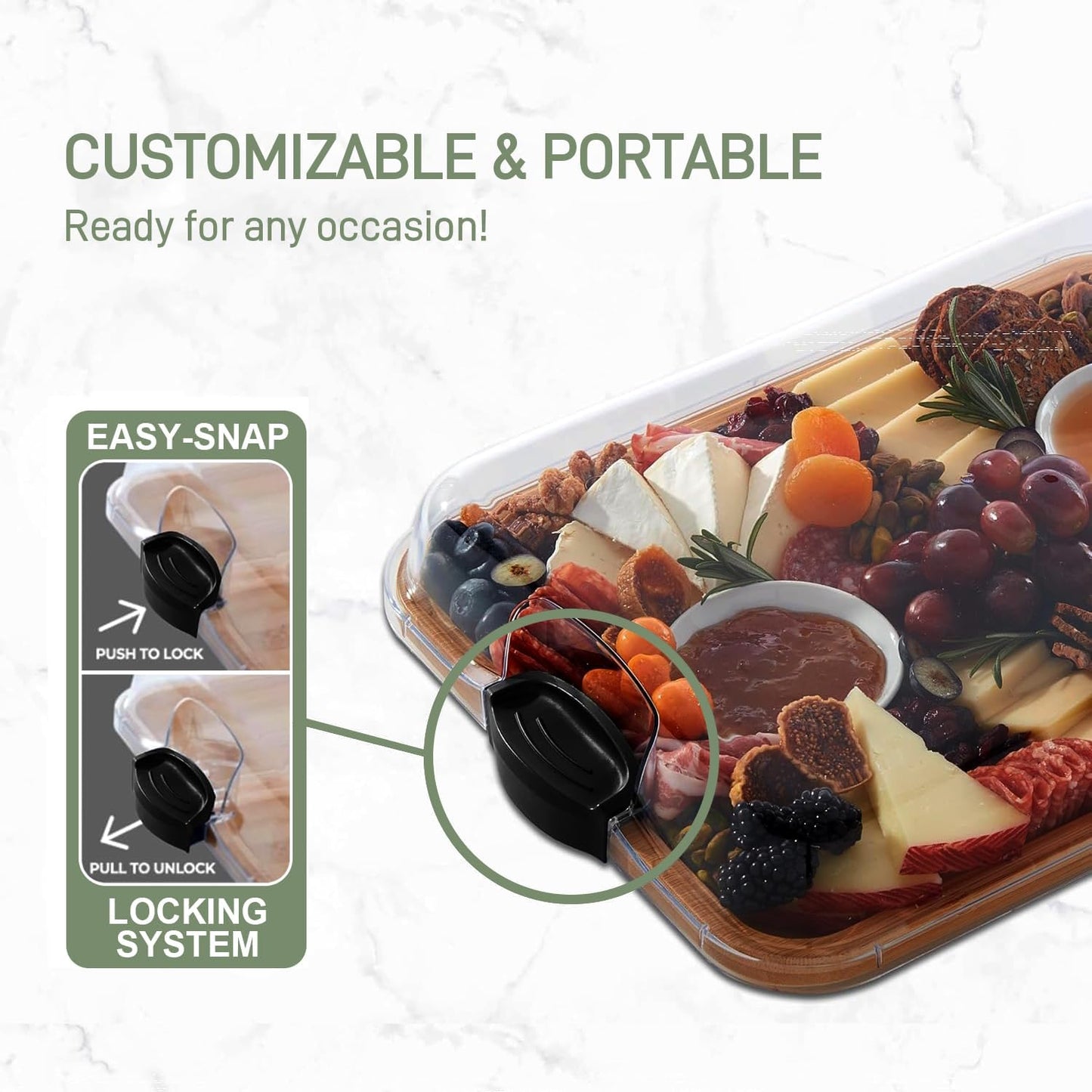 Bamboo charcuterie platter with a lockable clear lid – Savorya