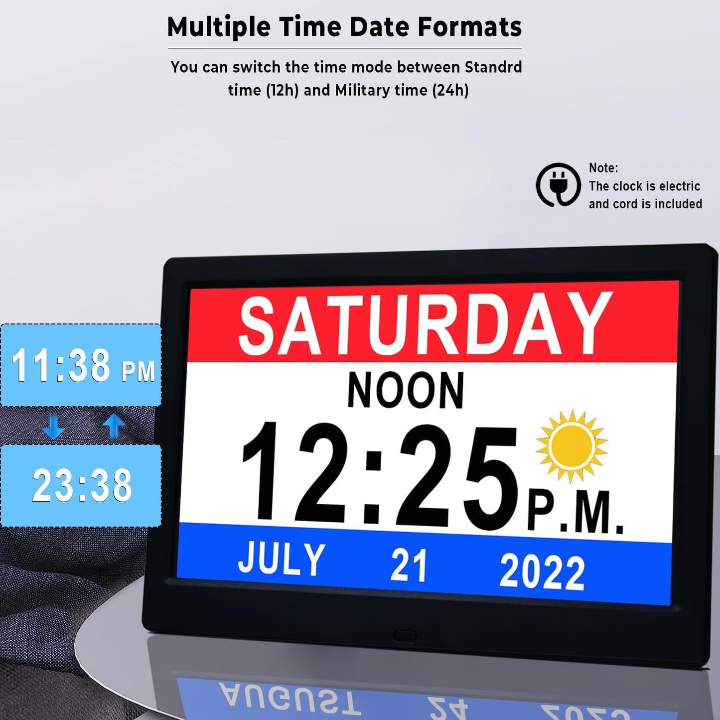 11.5-inch digital calendar day clock with 19 reminders – Claryon