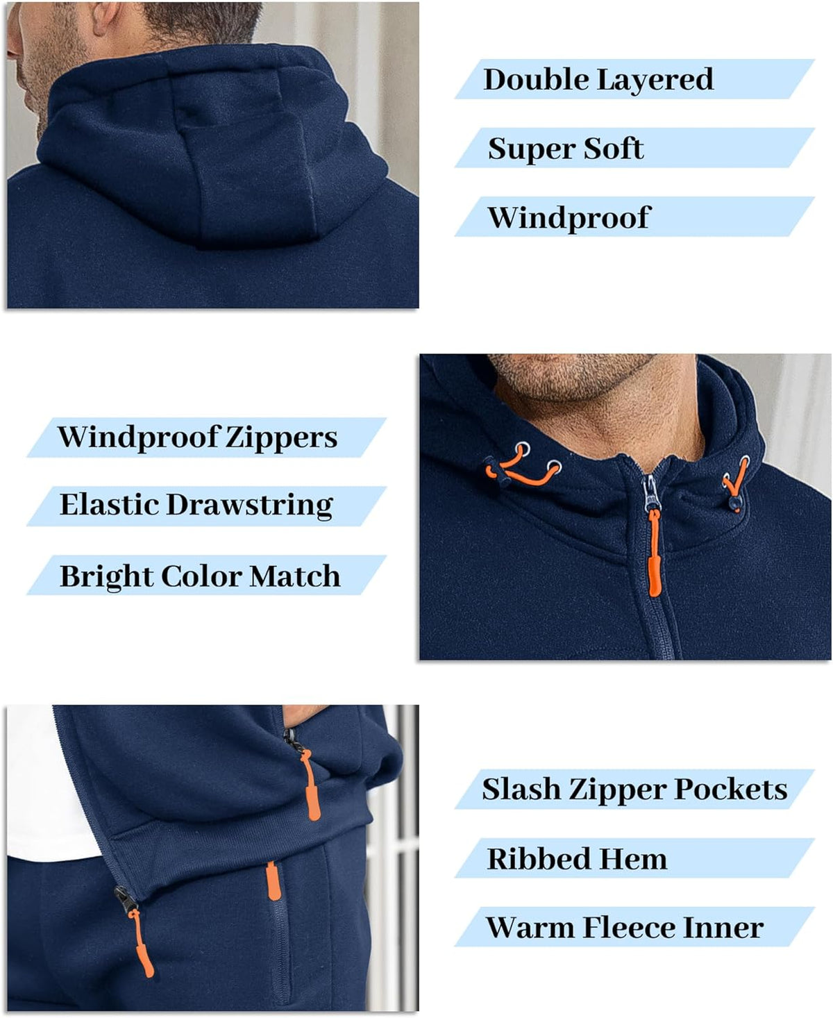 Navy tracksuit feature collage showing double-layered hood, orange drawcords, zip pulls and slanted zip pockets 4