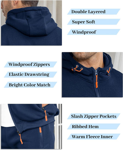 Navy tracksuit feature collage showing double-layered hood, orange drawcords, zip pulls and slanted zip pockets 4