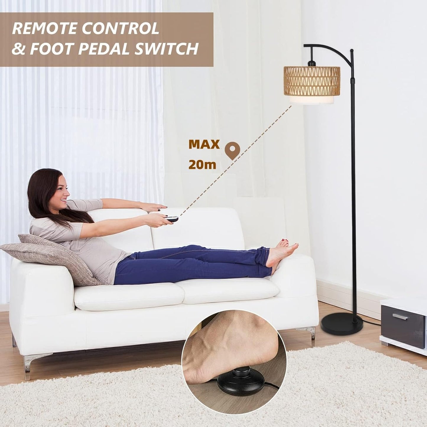 Arc floor lamp with remote control and double lampshades – Norvella