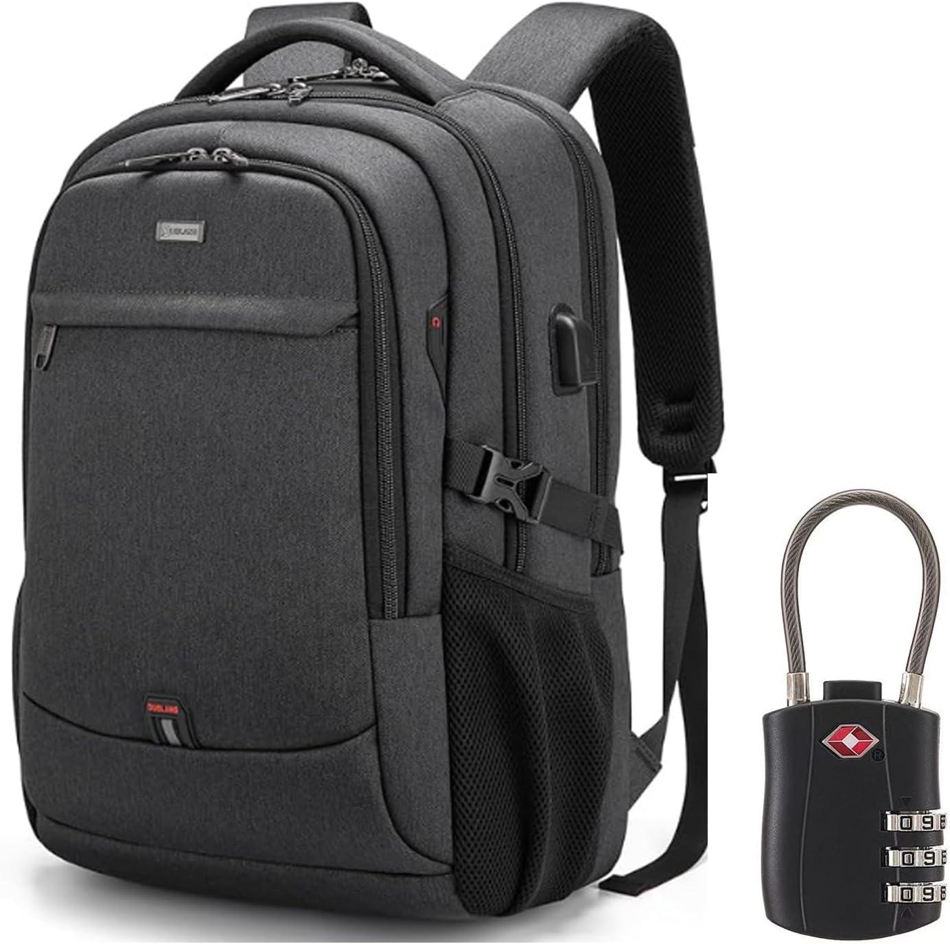 Waterproof travel laptop backpack with USB port and organised storage
