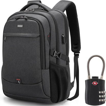 Waterproof travel laptop backpack with USB port and organised storage