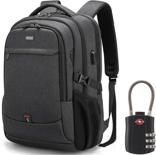 Waterproof travel laptop backpack with USB port and organised storage