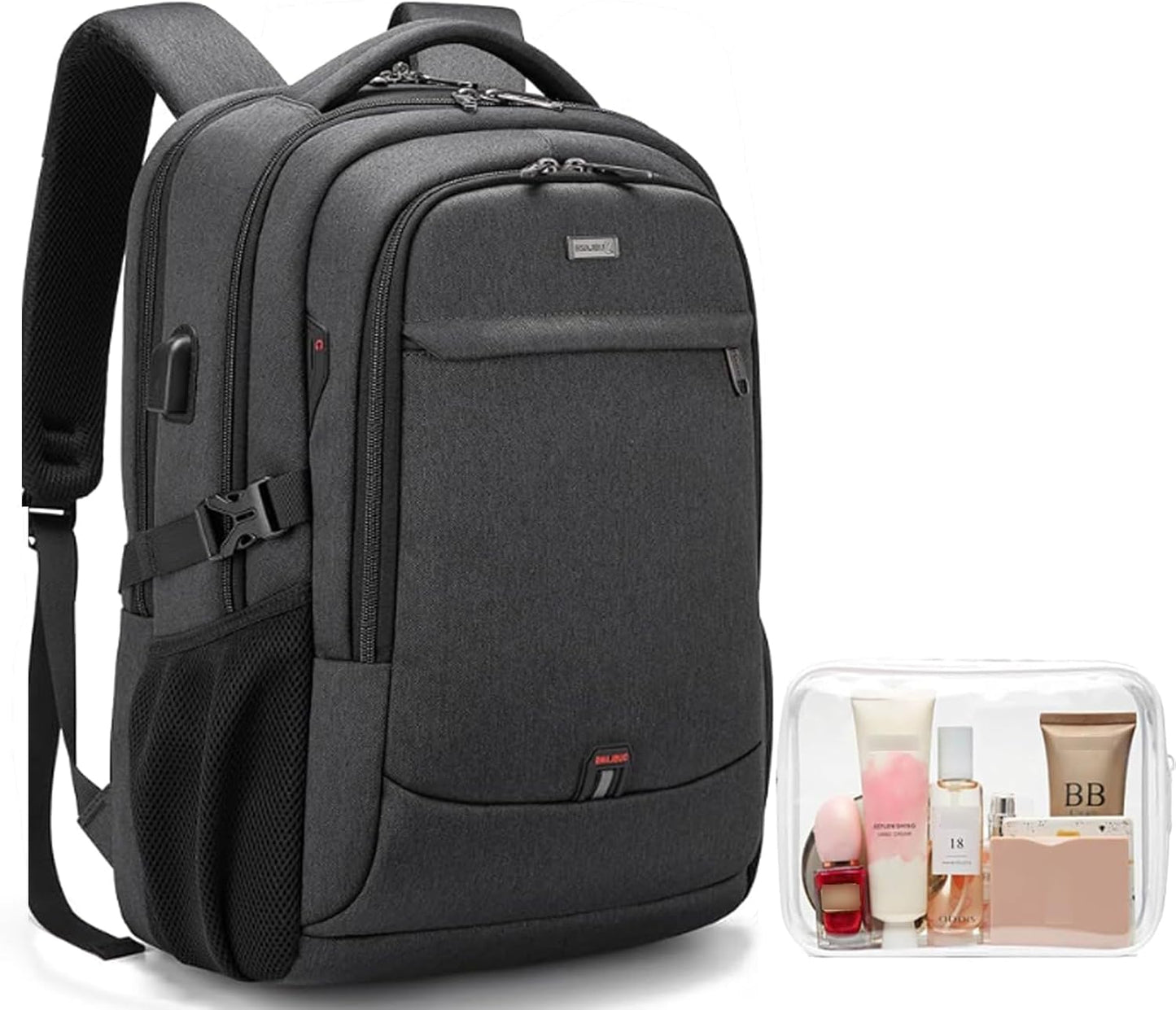 Waterproof travel laptop backpack with USB port and organised storage