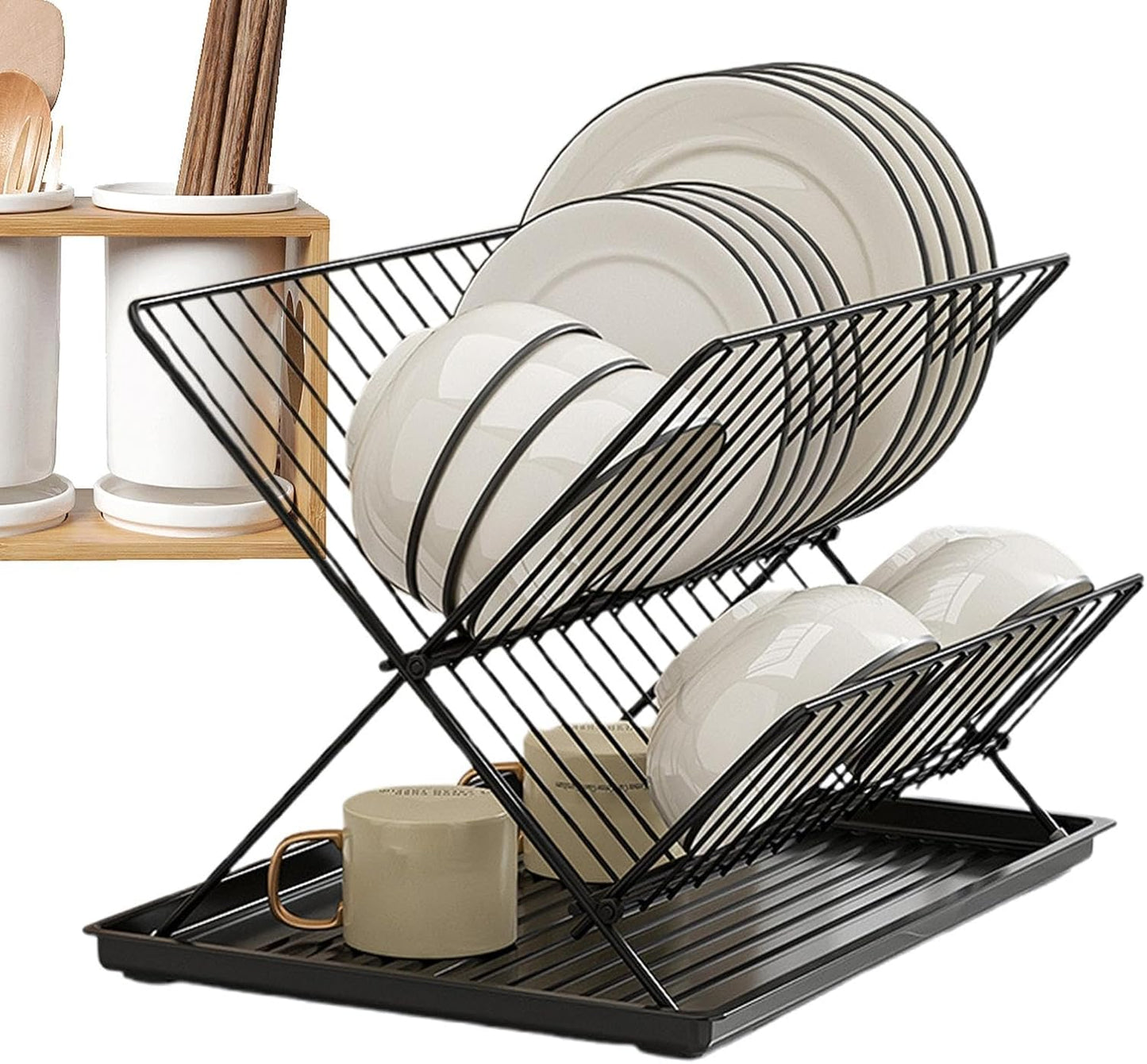 Foldable dish drainer – 2-tier kitchen drying rack with removable tray – Kelvra