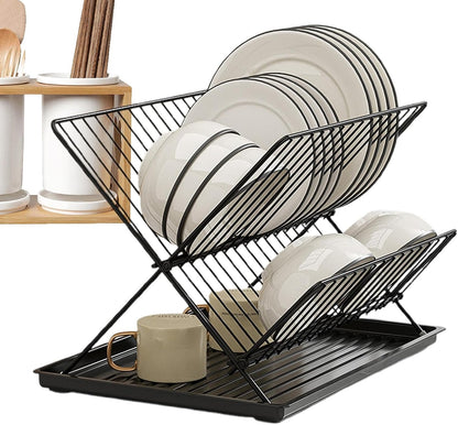 Foldable dish drainer – 2-tier kitchen drying rack with removable tray – Kelvra