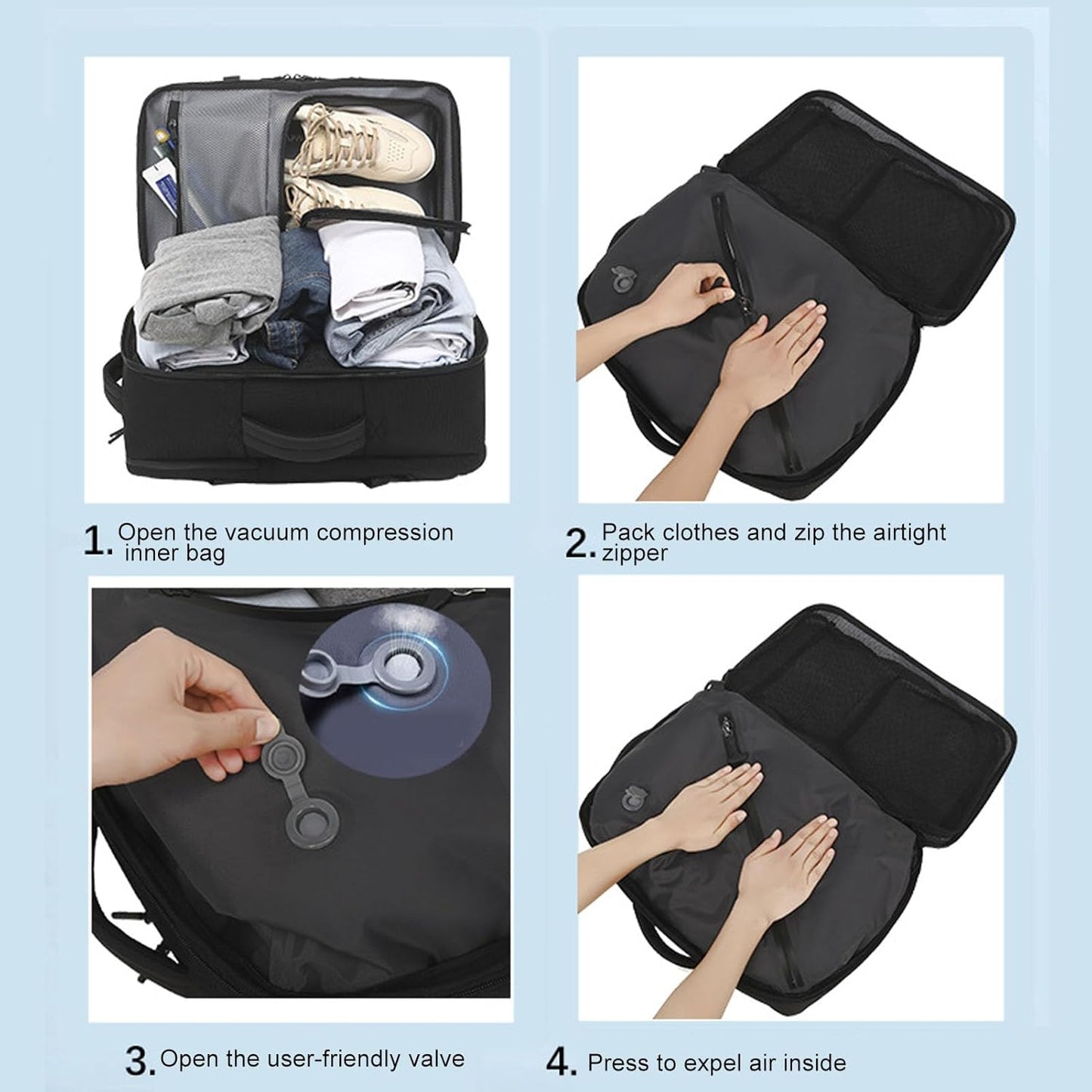 Expandable vacuum travel rucksack 56–75 L with pump – Dravion