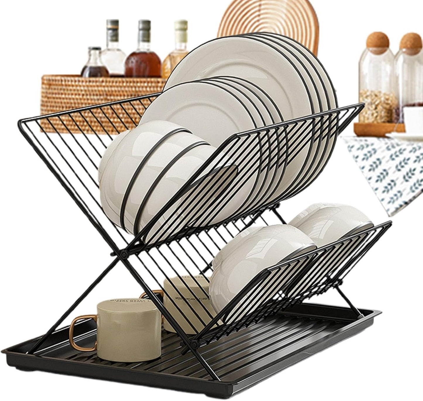 Foldable dish drainer – 2-tier kitchen drying rack with removable tray – Kelvra