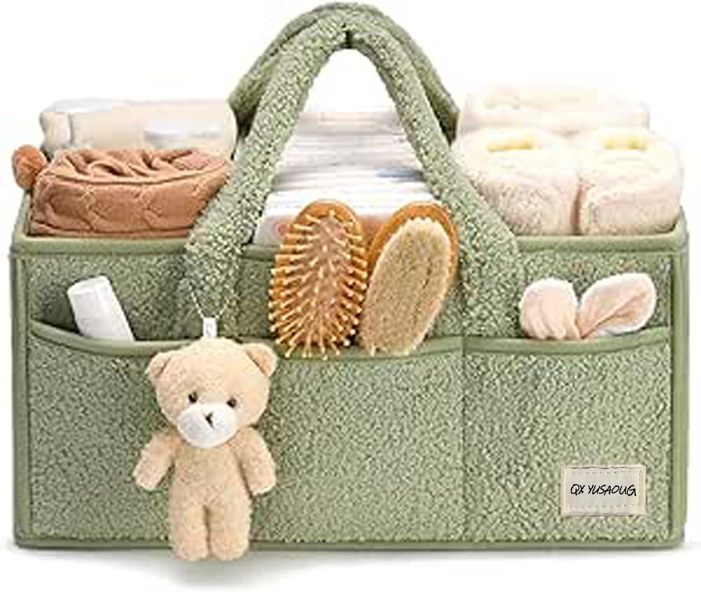 Baby Nappy Caddy Organiser – Plush Sherpa Storage Basket with Compartments – Elvoria
