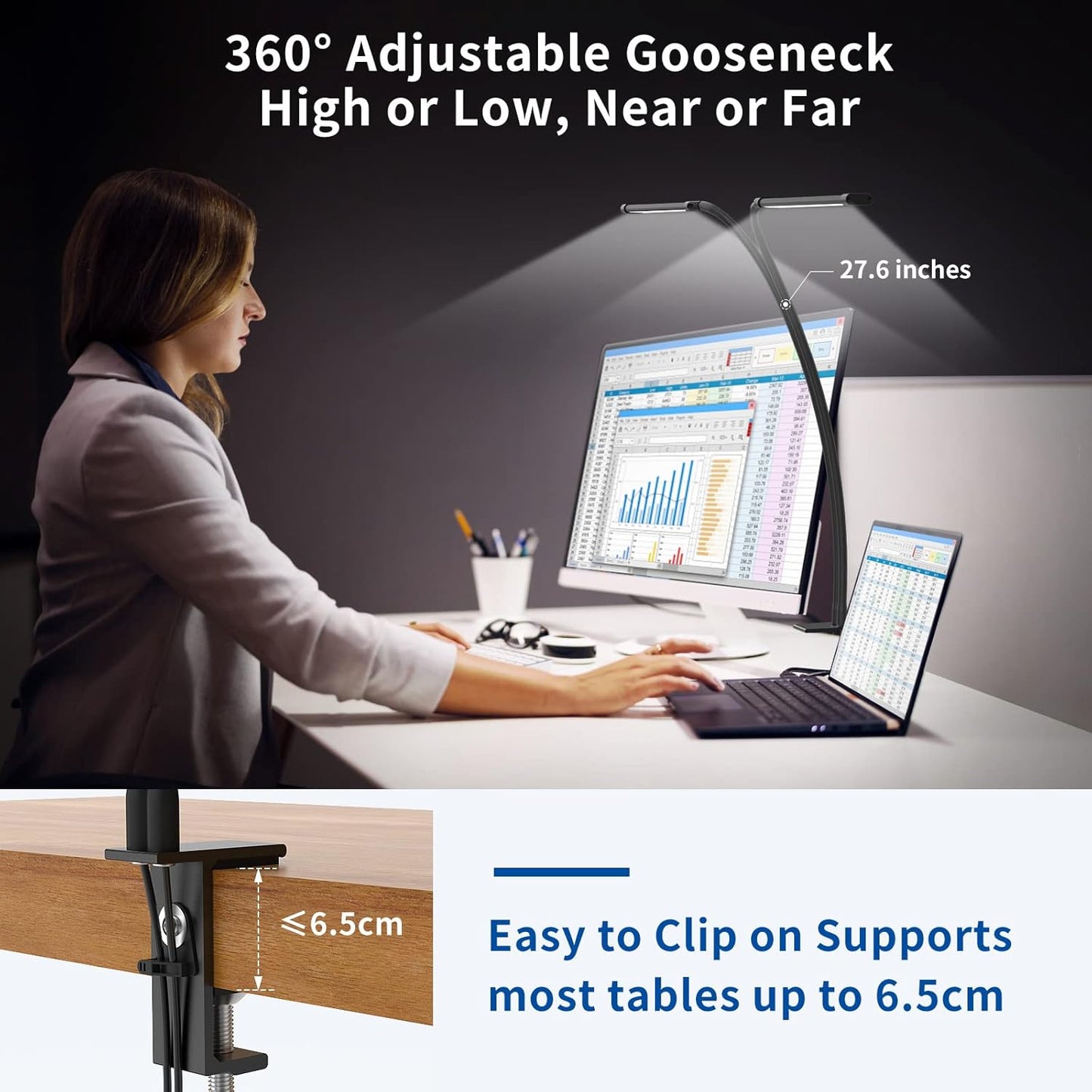 77-LED clip-on desk lamp with 70 cm flexible gooseneck – Ravien