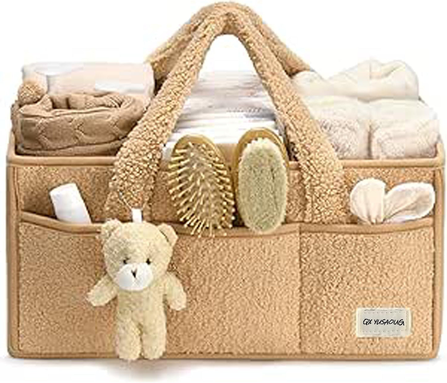 Baby Nappy Caddy Organiser – Plush Sherpa Storage Basket with Compartments – Elvoria