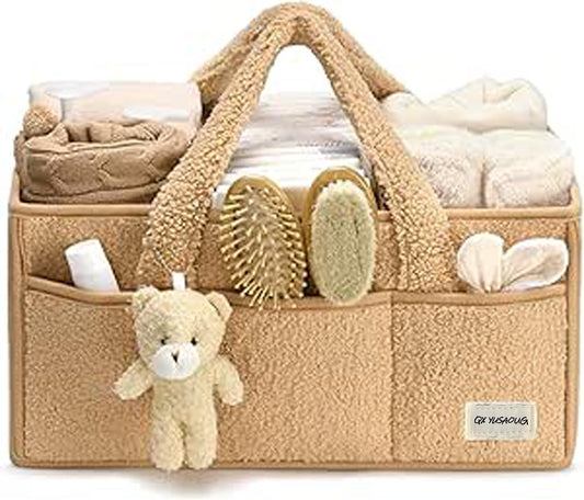 Baby Nappy Caddy Organiser – Plush Sherpa Storage Basket with Compartments – Elvoria
