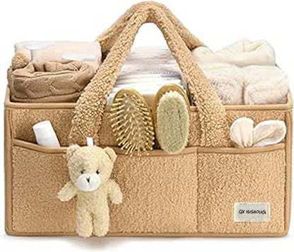 Baby Nappy Caddy Organiser – Plush Sherpa Storage Basket with Compartments – Elvoria