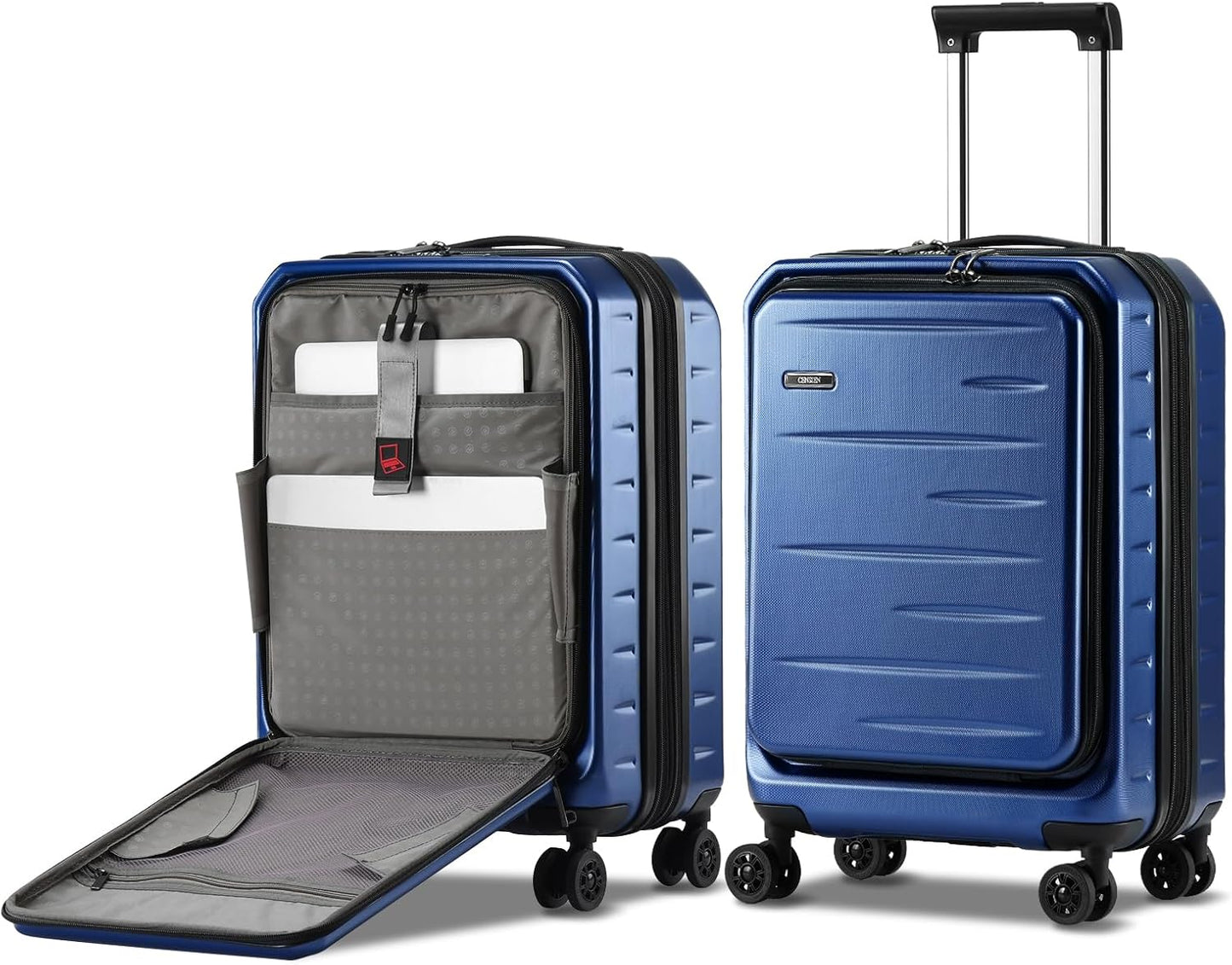 Expandable hard-shell suitcase with front compartment and TSA lock.