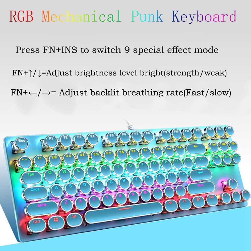 87-key mechanical gaming keyboard with RGB backlighting, blue switches