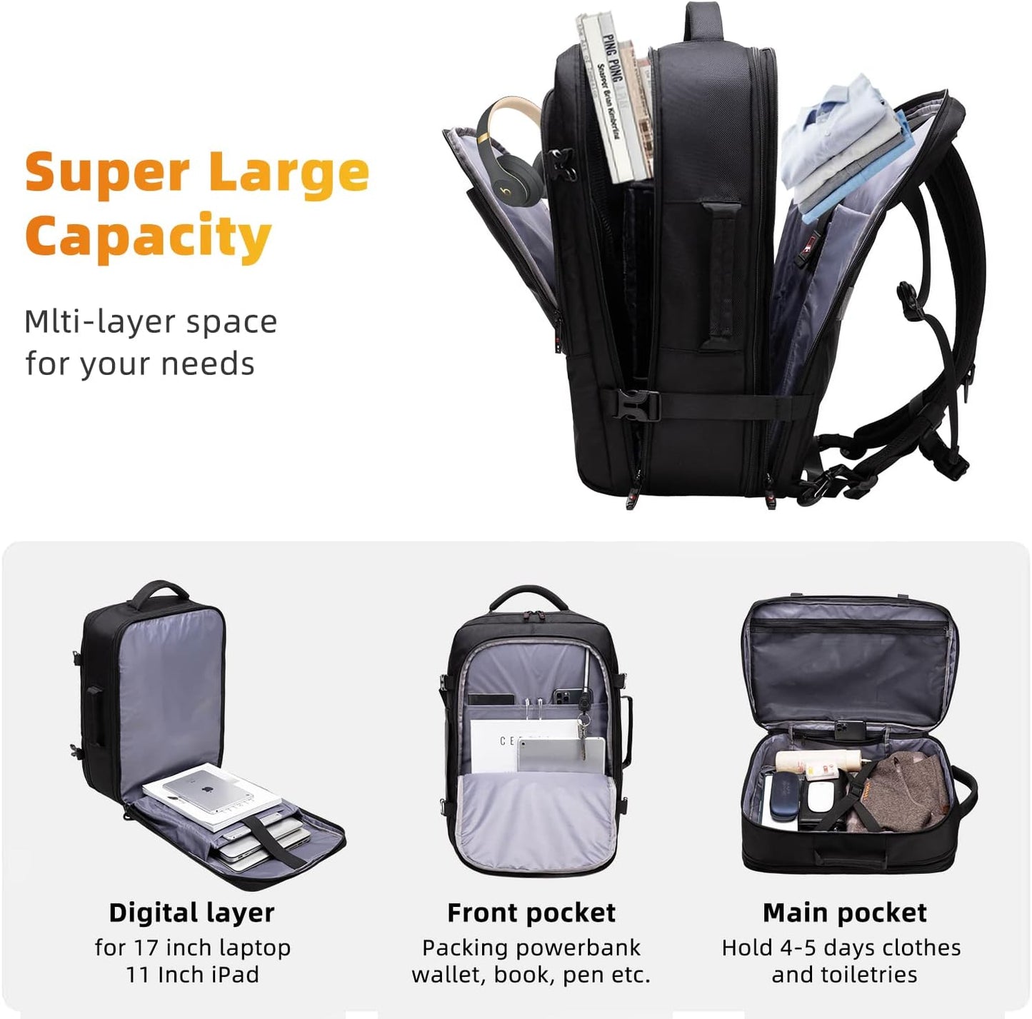 Expandable 45–55 L waterproof travel backpack with 46.5 cm laptop compartment