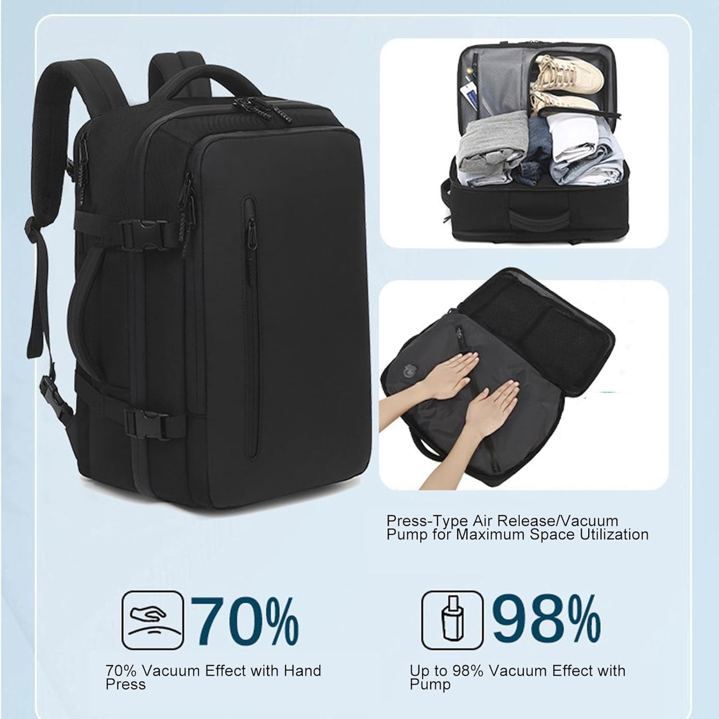 Expandable vacuum travel rucksack 56–75 L with pump – Dravion