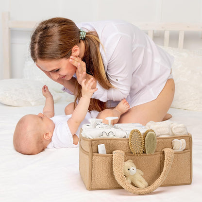 Baby Nappy Caddy Organiser – Plush Sherpa Storage Basket with Compartments – Elvoria