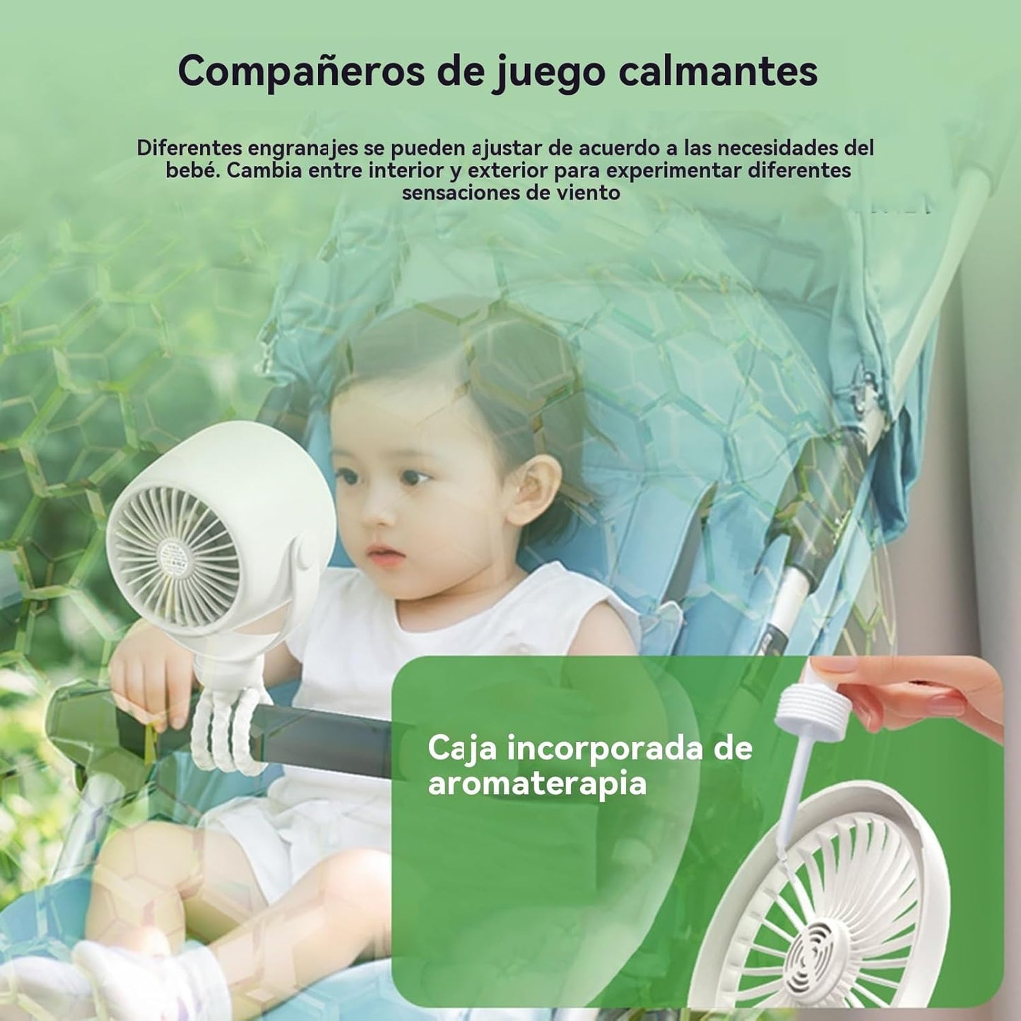 Rechargeable clip-on pram fan with night light — 100 speed settings
