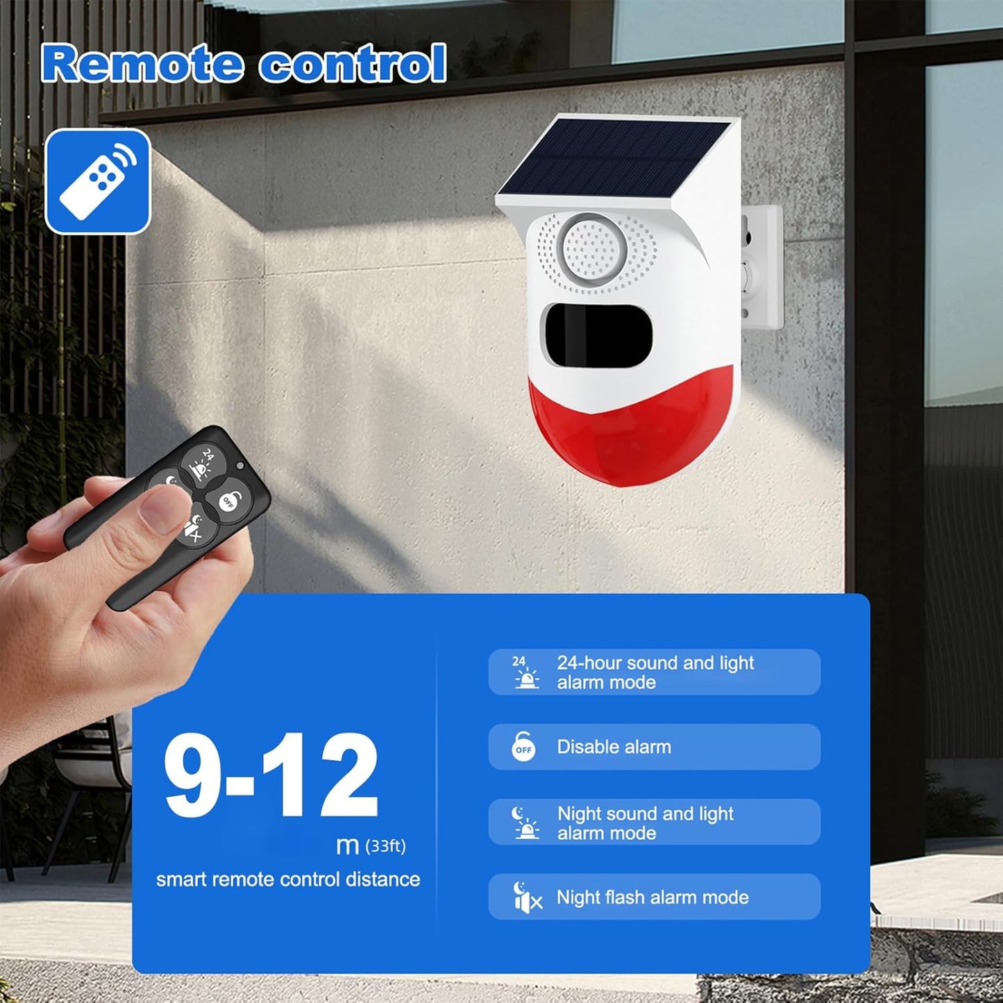 Solar motion sensor alarm with 120 dB siren and LED strobe – Feronix