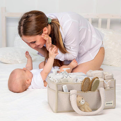 Baby Nappy Caddy Organiser – Plush Sherpa Storage Basket with Compartments – Elvoria