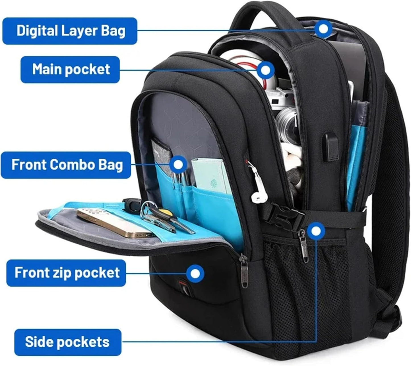 Waterproof laptop and travel rucksack with organised compartments