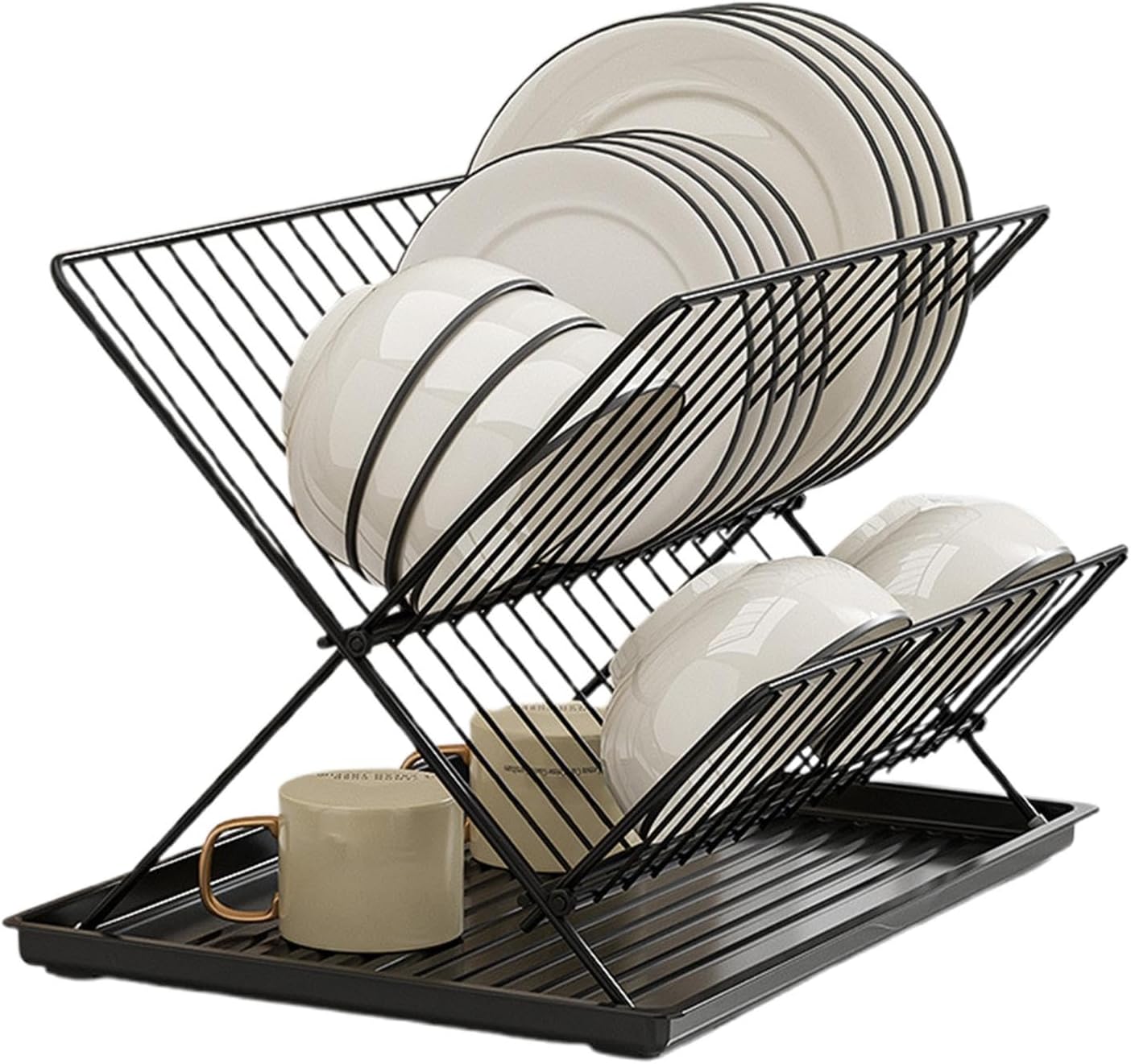 Foldable dish drainer – 2-tier kitchen drying rack with removable tray – Kelvra