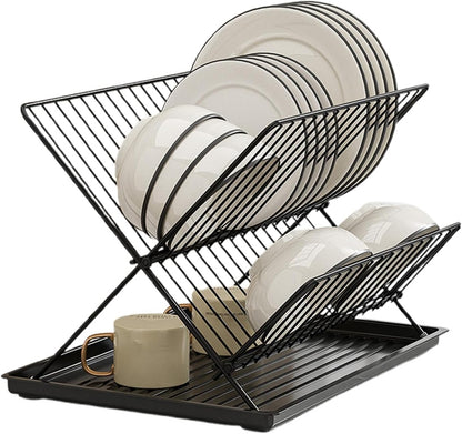 Foldable dish drainer – 2-tier kitchen drying rack with removable tray – Kelvra