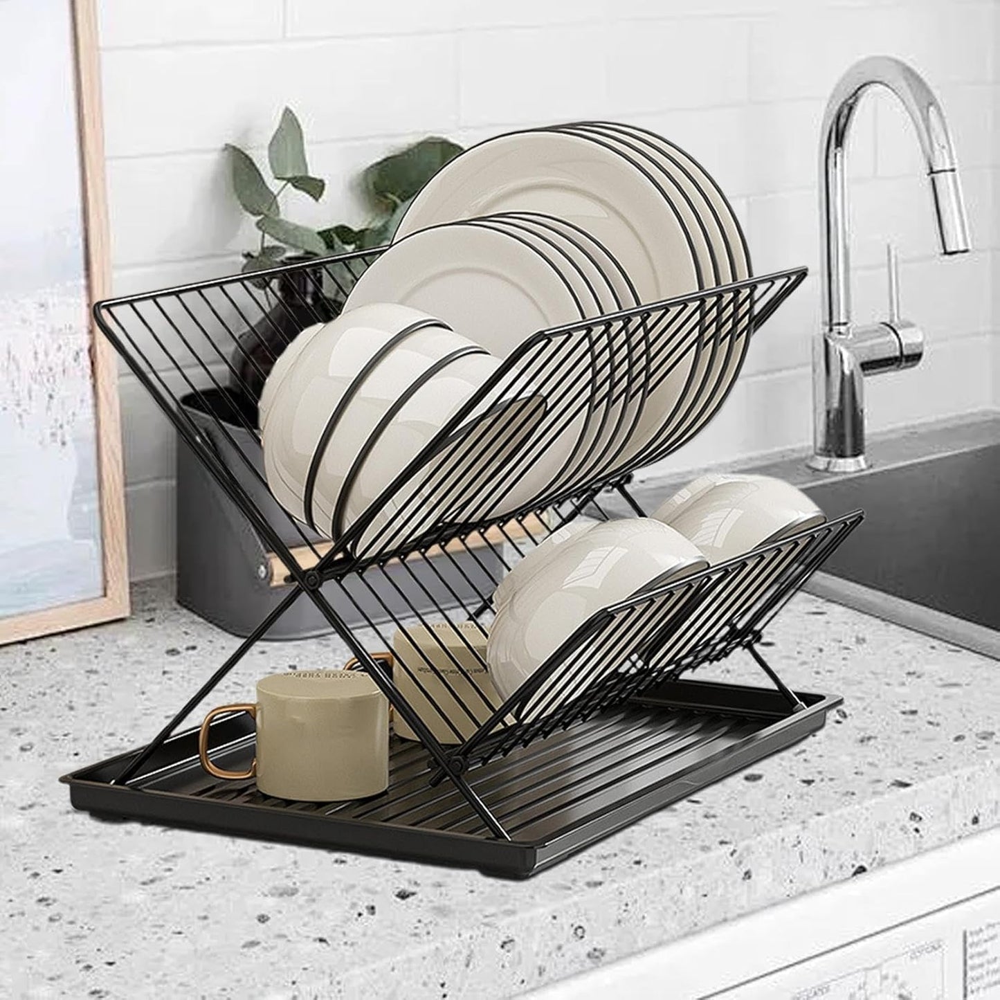 Foldable dish drainer – 2-tier kitchen drying rack with removable tray – Kelvra