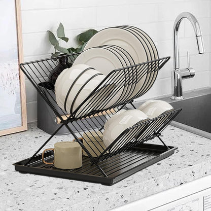 Foldable dish drainer – 2-tier kitchen drying rack with removable tray – Kelvra