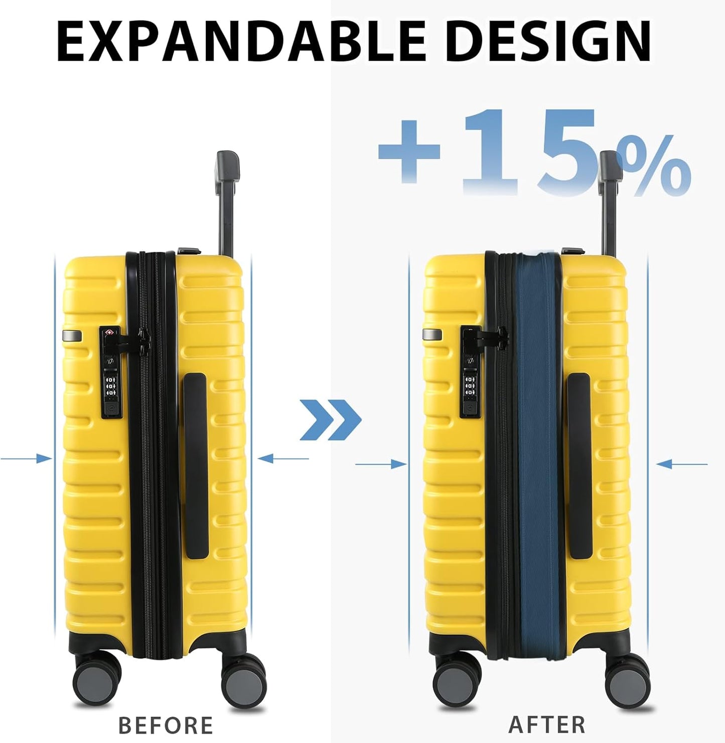 Extendable hard-shell suitcase with spinner wheels and TSA lock.