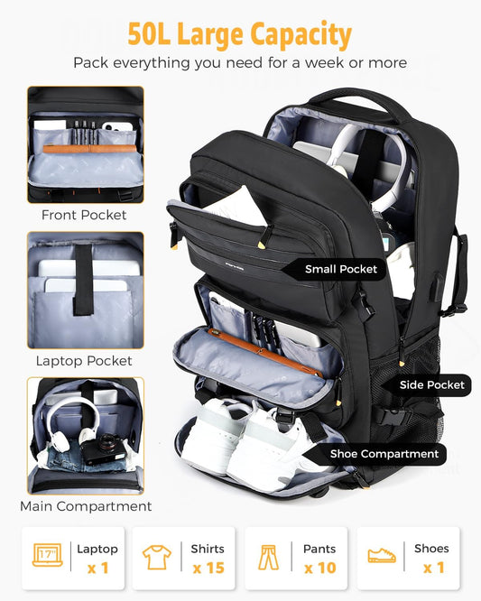 50L flight-ready convertible travel rucksack with shoe compartment and USB port