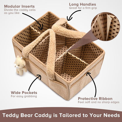 Baby Nappy Caddy Organiser – Plush Sherpa Storage Basket with Compartments – Elvoria