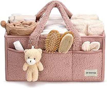 Baby Nappy Caddy Organiser – Plush Sherpa Storage Basket with Compartments – Elvoria