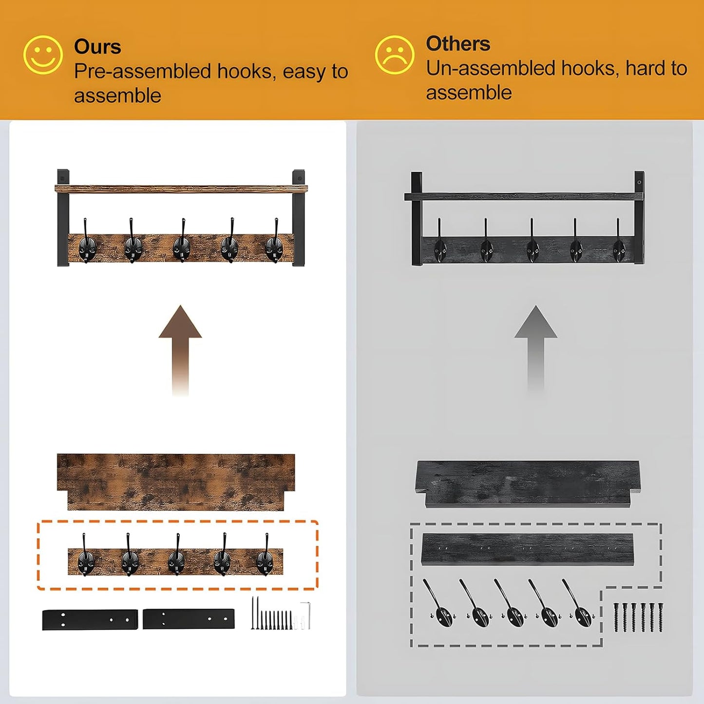 Wall-mounted coat rack with shelf and 5 metal hooks – Ravora