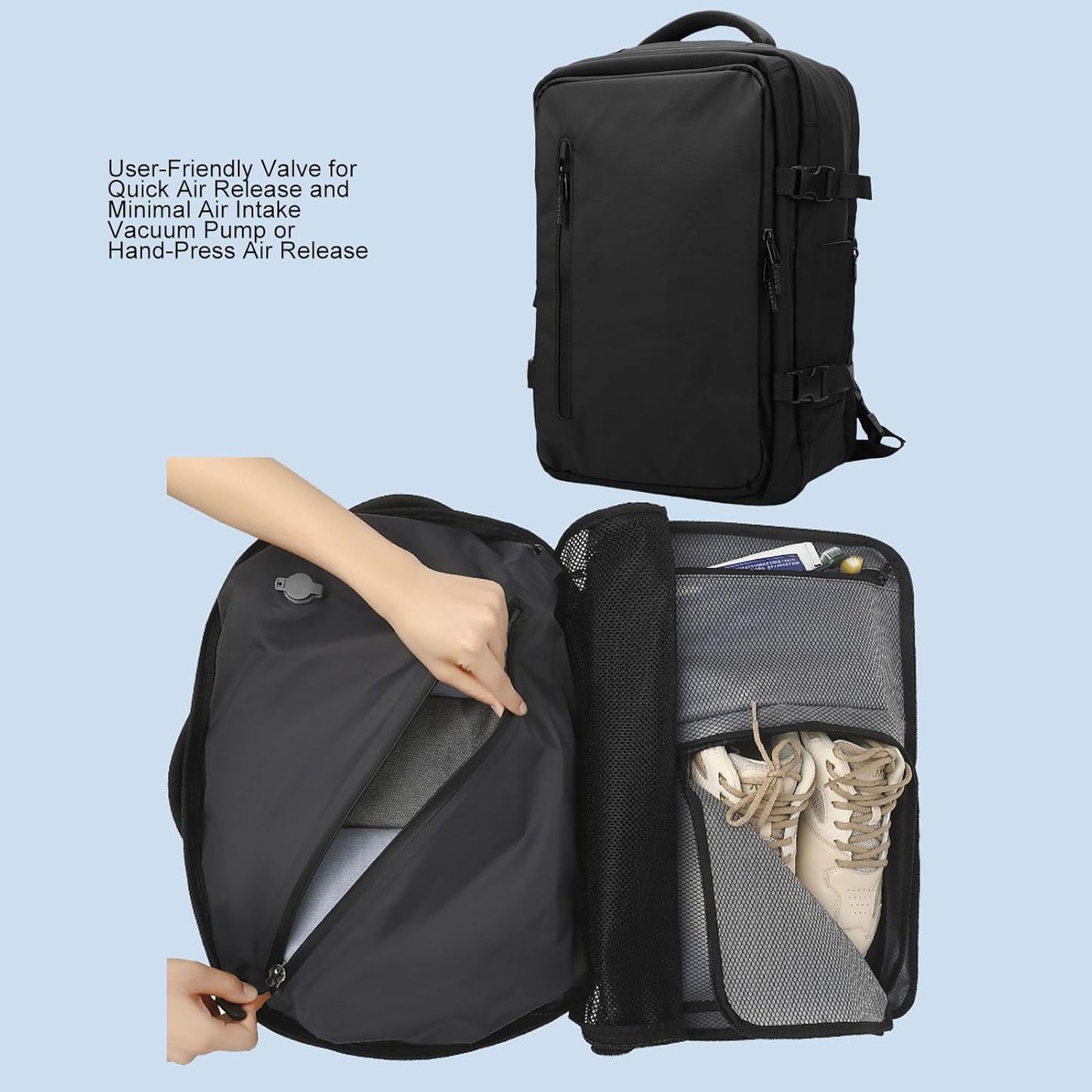 Expandable vacuum travel rucksack 56–75 L with pump – Dravion