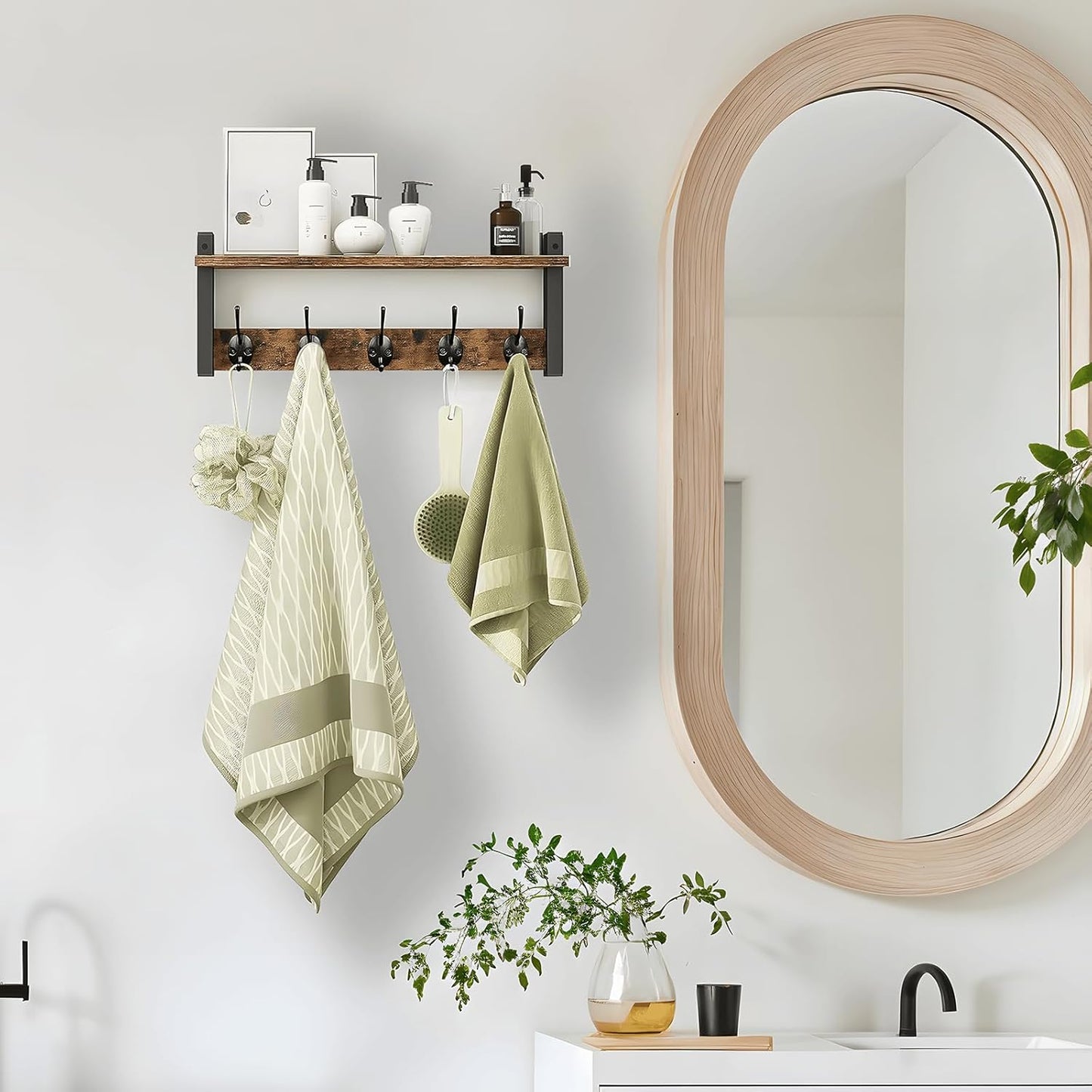 Wall-mounted coat rack with shelf and 5 metal hooks – Ravora