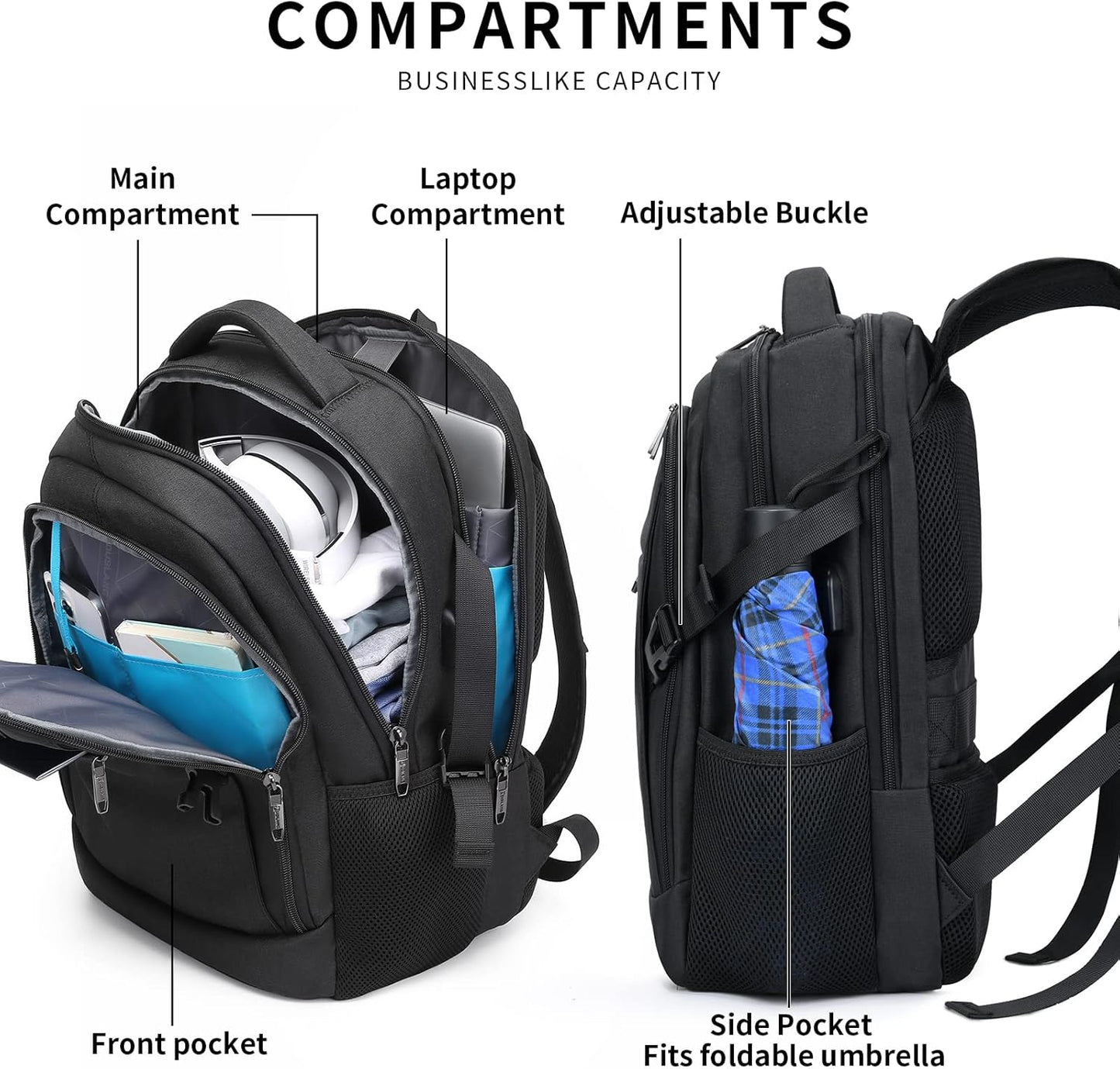 Waterproof travel laptop backpack with USB port and organised storage