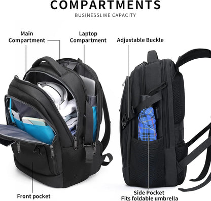 Waterproof travel laptop backpack with USB port and organised storage
