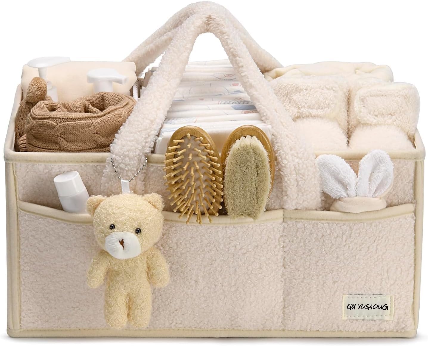 Baby Nappy Caddy Organiser – Plush Sherpa Storage Basket with Compartments – Elvoria